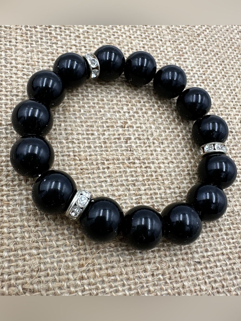 🍀 Black Bead Rhinestone Rondells Spacers Stretch Bracelet